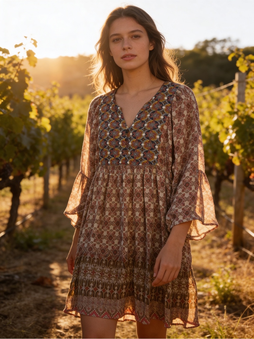 Umgee Brown Floral V-Neck Boho Mini Dress